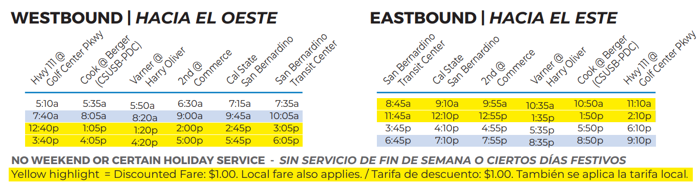 table showing the schedule of the 10 commuter link going west and east. It also shows, highlighted, the times when the price to ride is 