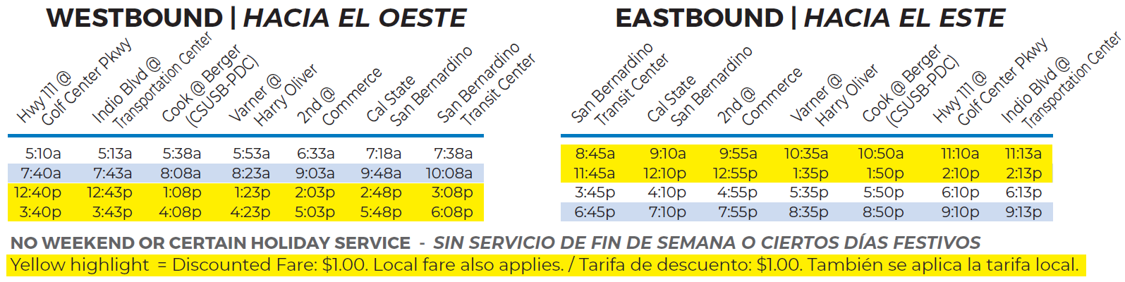 table showing the schedule of the 10 commuter link going west and east. It also shows, highlighted, the times when the price to ride is $1